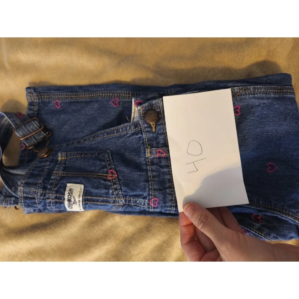 OshKosh B'Gosh Girls 4T Denim Overalls Pink Heart Embroidered Bib Jeans